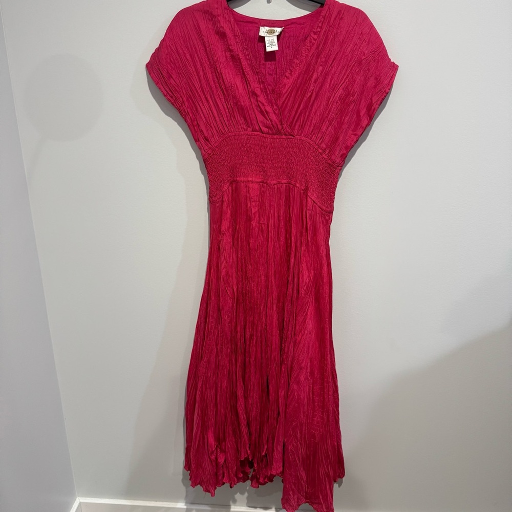 Sandy Starkman Emerald Silk Smocked Waist Dress small‎ pink